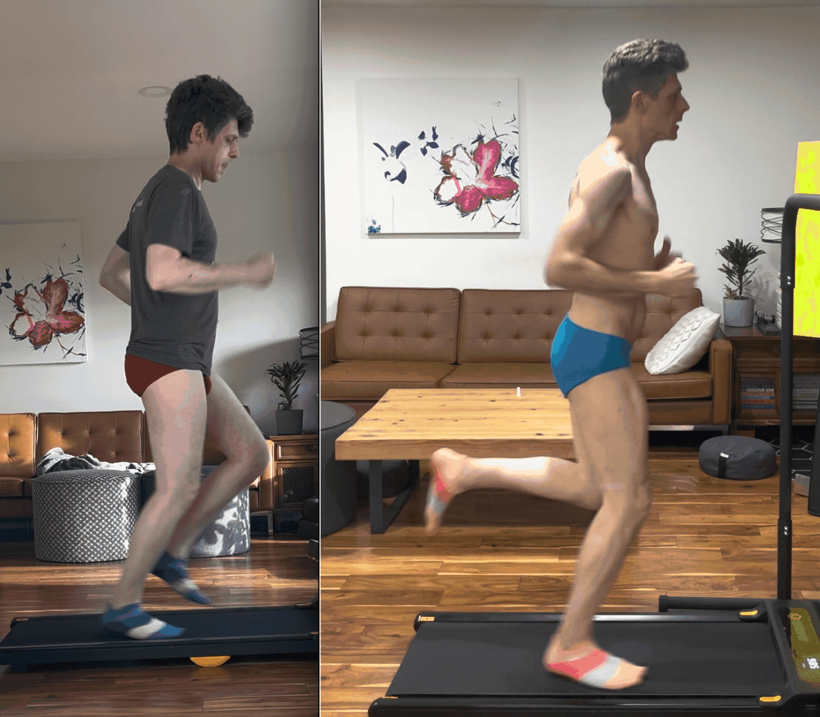 Me, on a cheap walking treadmill, attempting to record my running form at the very beginning and again 5 months later.